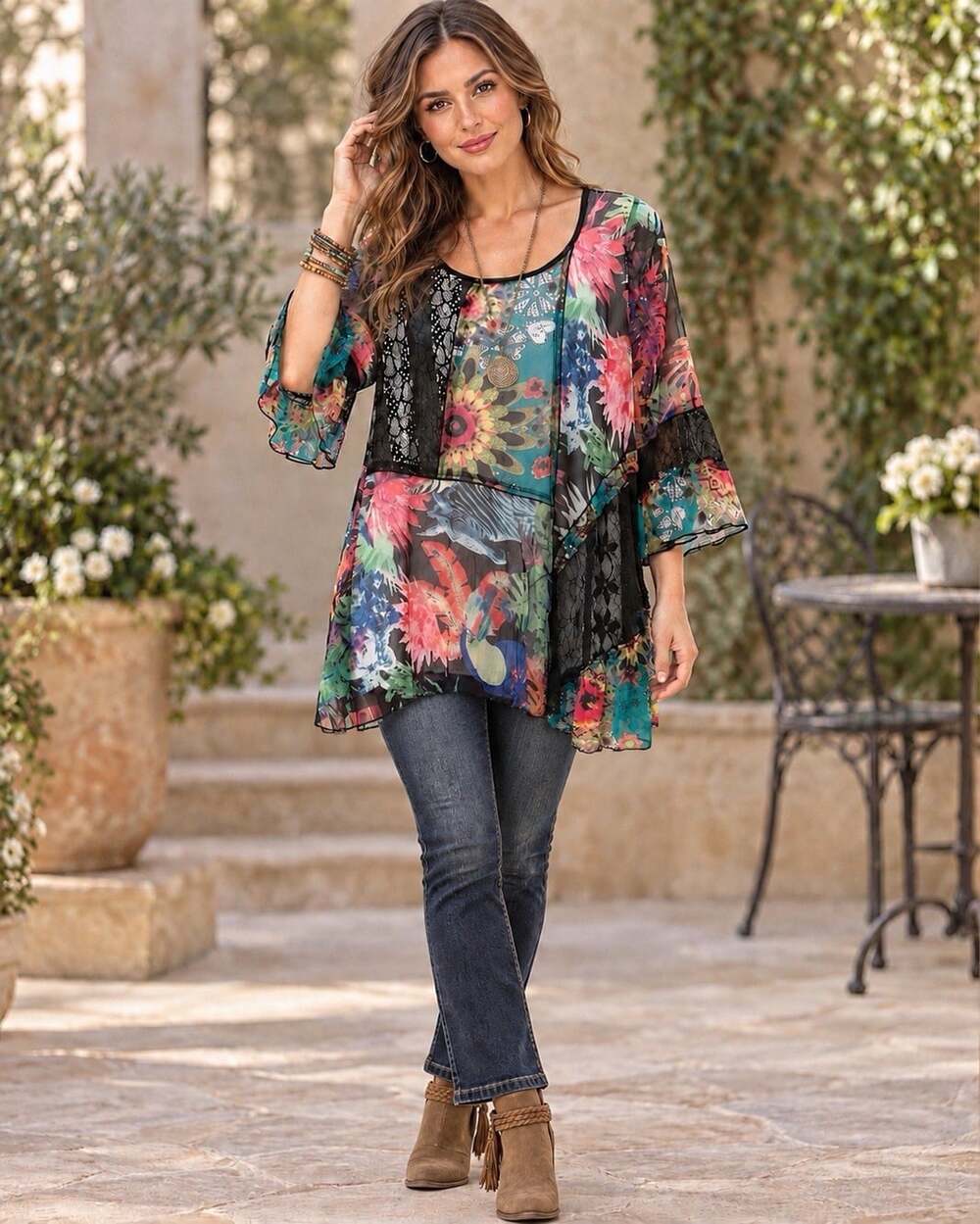 Dor Dor Couture M Patchwork Top Boho Floral Lace Tunic Bell Sleeve Art Eclectic